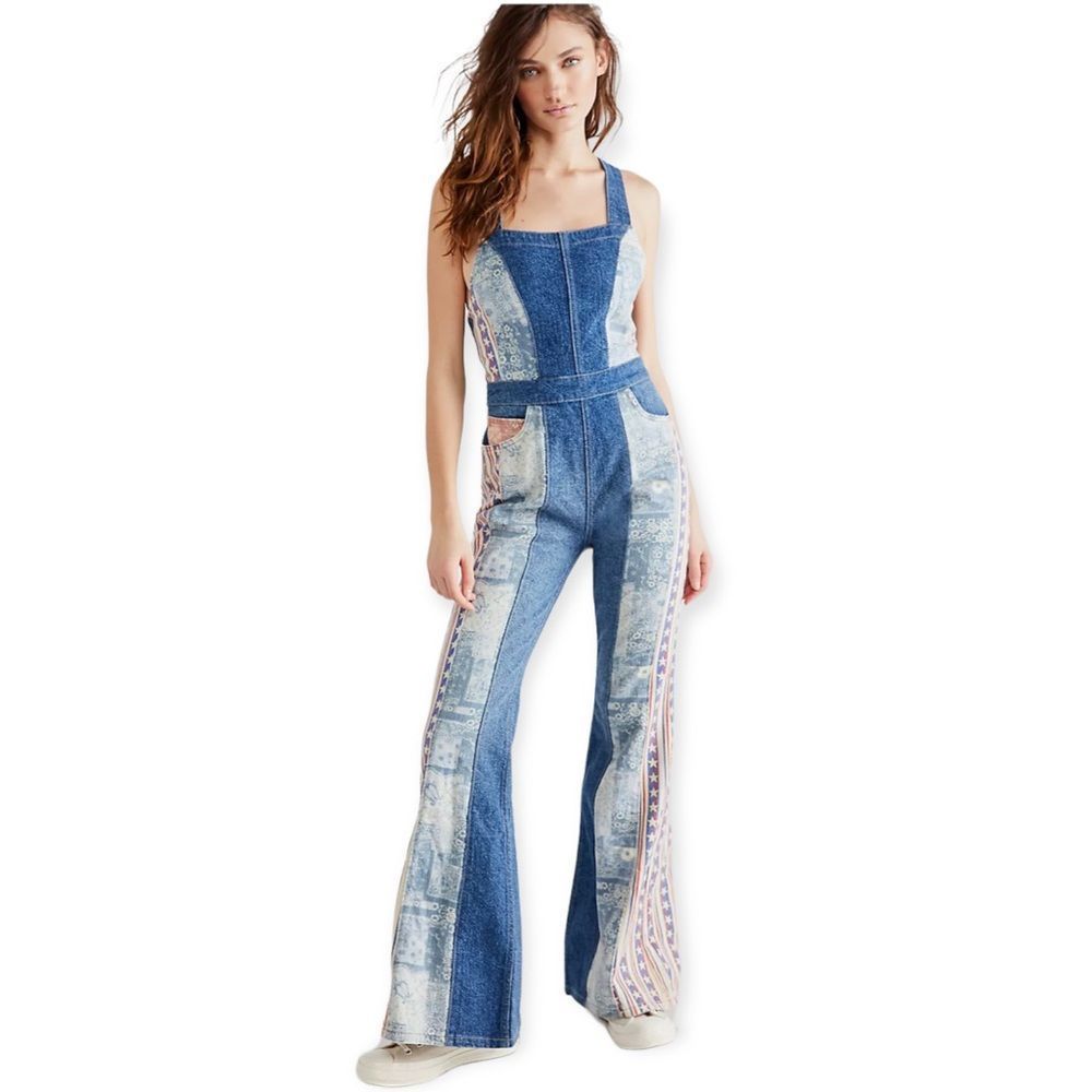 Free People Blue Denim Patchwork Jumpsuit